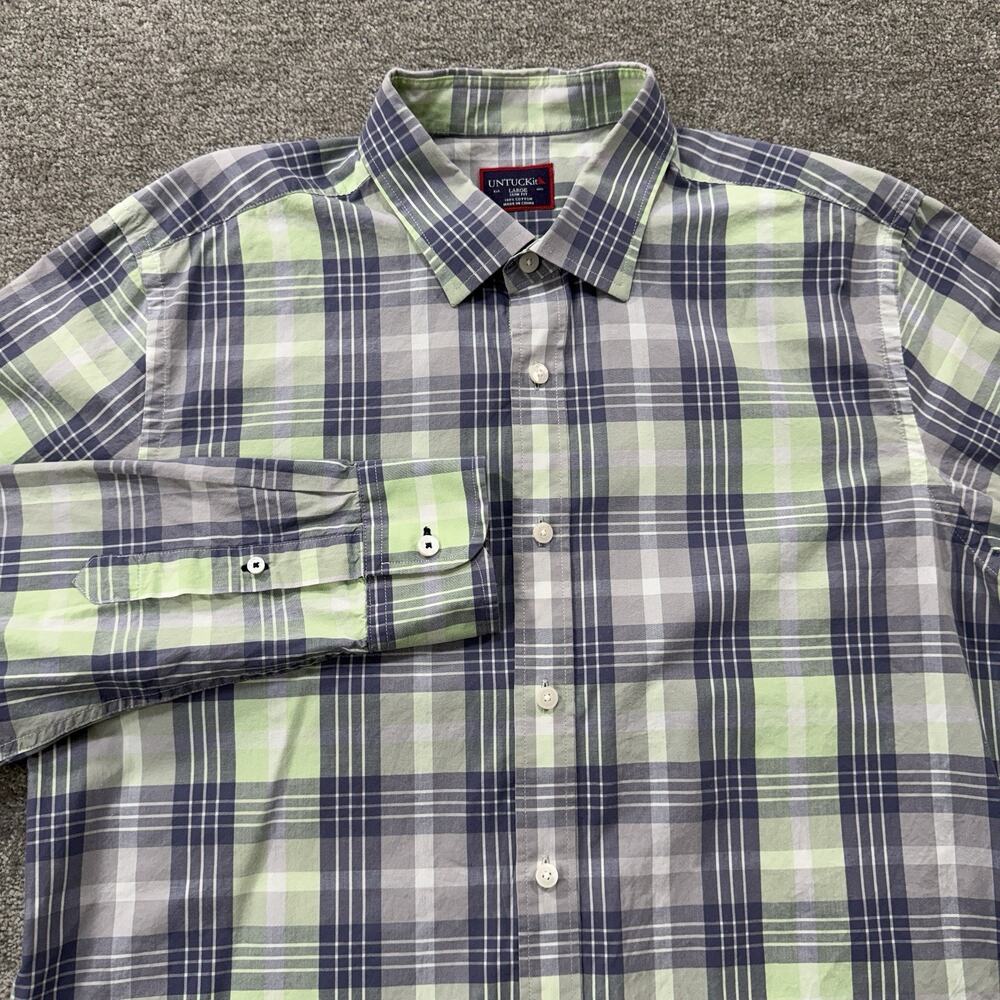 UNTUCKit Mens Large Slim Fit Plaid Button Down Shirt Green Gray Cotton Casual